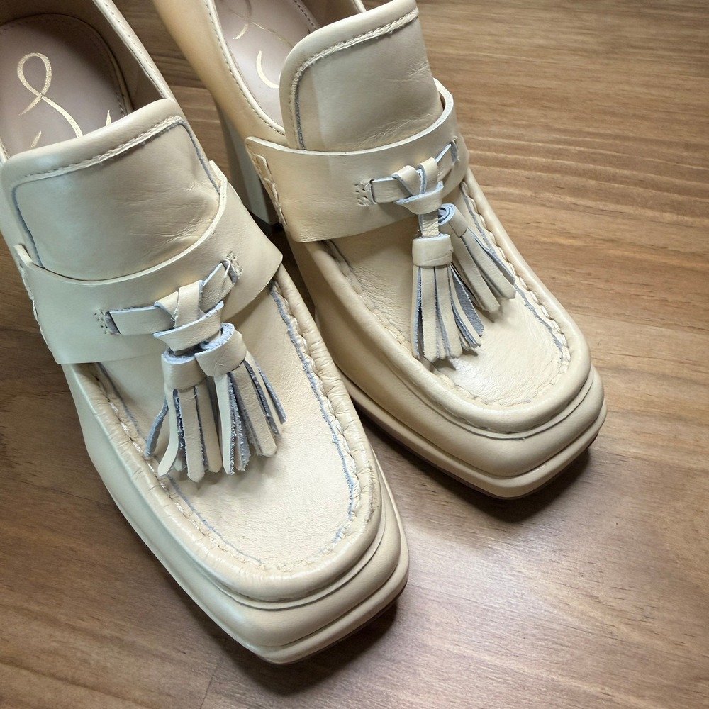 Sam Edelman Ivory Leather Platform Tassel Loafer Heels Size 6.5 - Picture 2 of 14